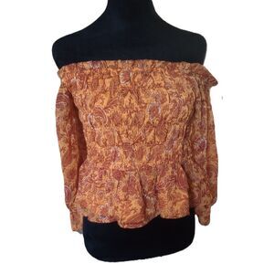 Patrons of Peace Women's L Orange Paisley Off Shoulder Peplum Blouse, NWT
